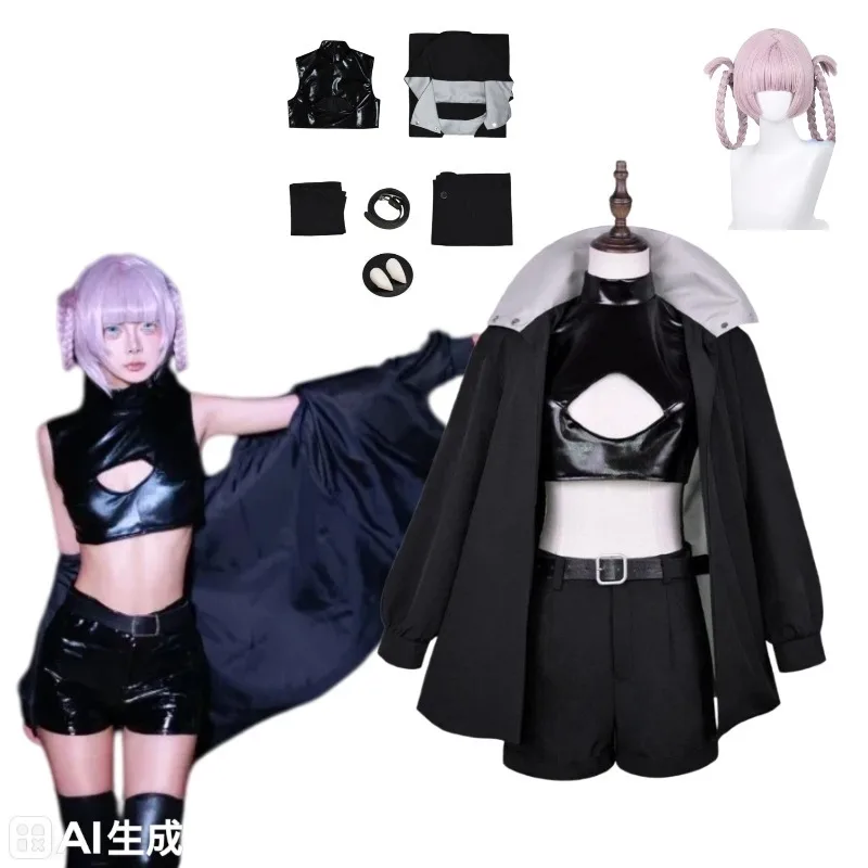 

Nanakusa Nazuna Cosplay Costume Wig Set Women Black Cloak Jacket Leather Vest Shorts Outfit Anime Roleplay Halloween Party