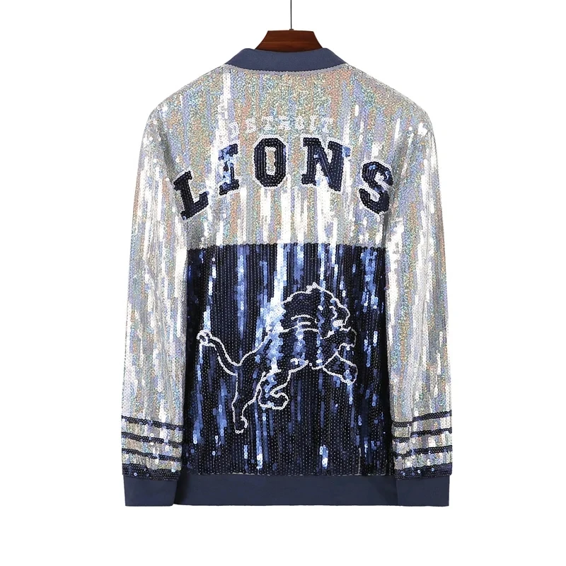 Autumn And Winter Long Sleeve Cartoon Letter Streetwear Loose Outerwear Jackets Sequins Hip Hop Zipper Patchwork Women's Coats