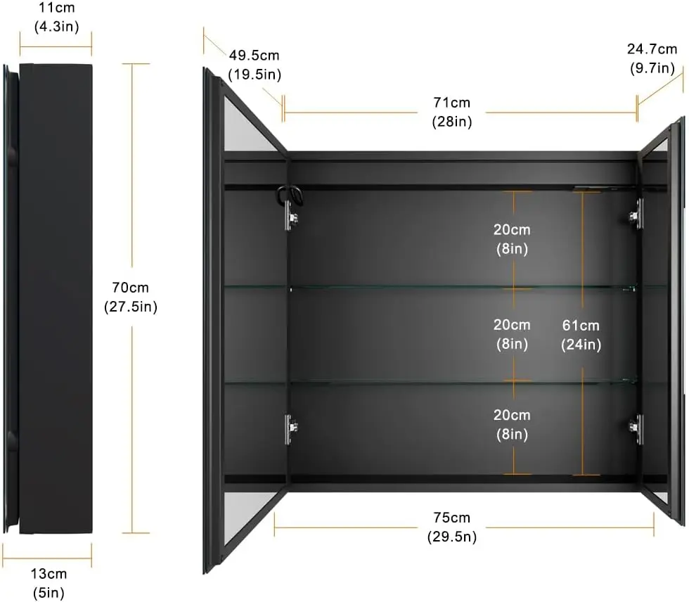 30 x 28 Inch Double Doors LED Lighted Bathroom Medicine Cabinet, Defogger, Dimmable, 3 Color Light Makeup Mirror, Outlets & USBs