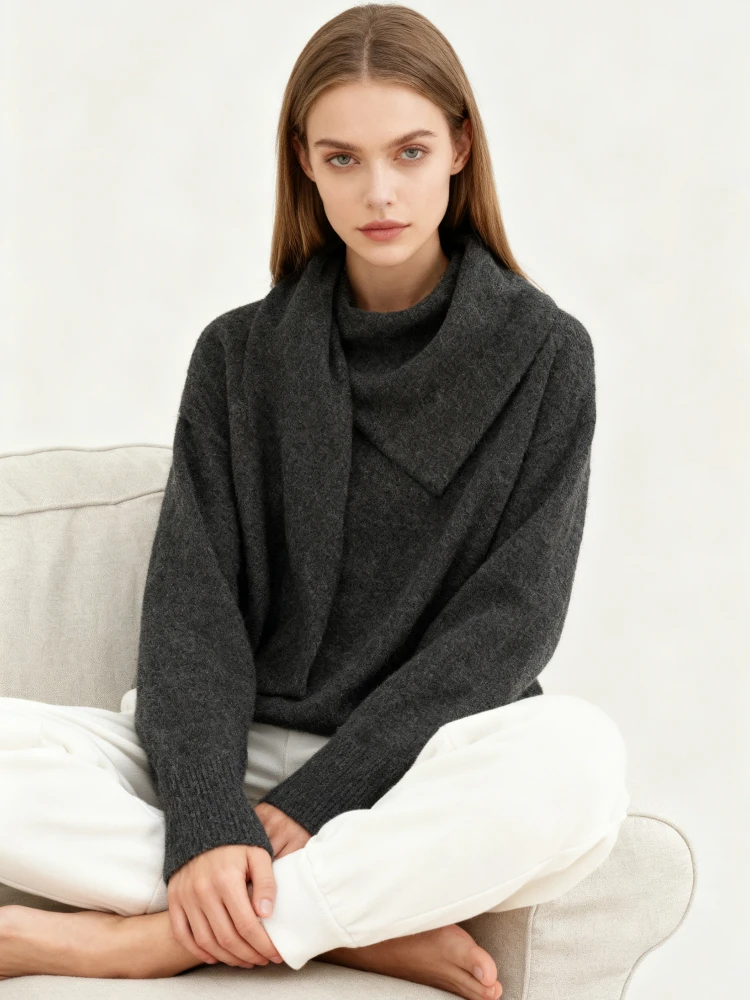 

Шерстяной вязаный драпированный свитер, пуловер, серый женский осенне-зимний повседневный толстый искусственный двухсекционный мягкий шарф на шею, женский трикотаж, джемпер