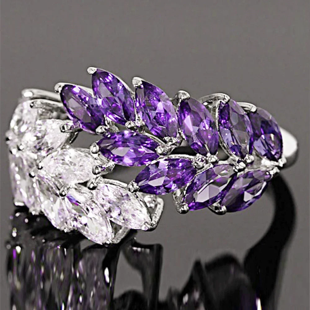 2024 Romantic Half White  Purple Zircon Leaf Shape Encircle Women Wedding Evening Party Finger Ring New Fashion Jewelry