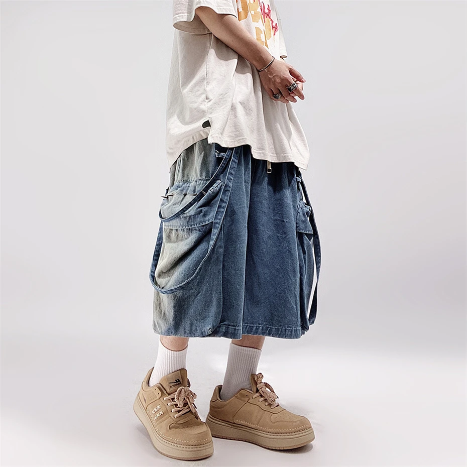 Vintage Denim Shorts Men Summer Y2k Hip Hop Straight Casual Shorts Rivet Design Streetwear Harajuku Blue Knee Length Pants