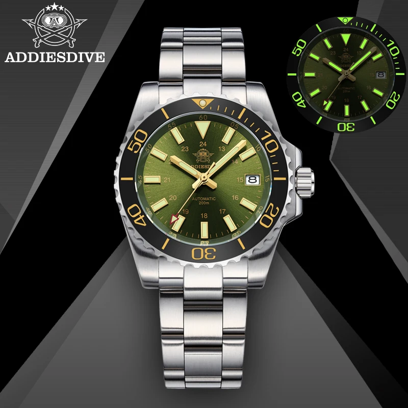 Addiesdive جديد غواص ساعة رجالي NH35A التلقائي الميكانيكية الياقوت الزجاج تاريخ مضيئة 200 متر مقاوم للماء الأخضر ساعات المعصم رجل