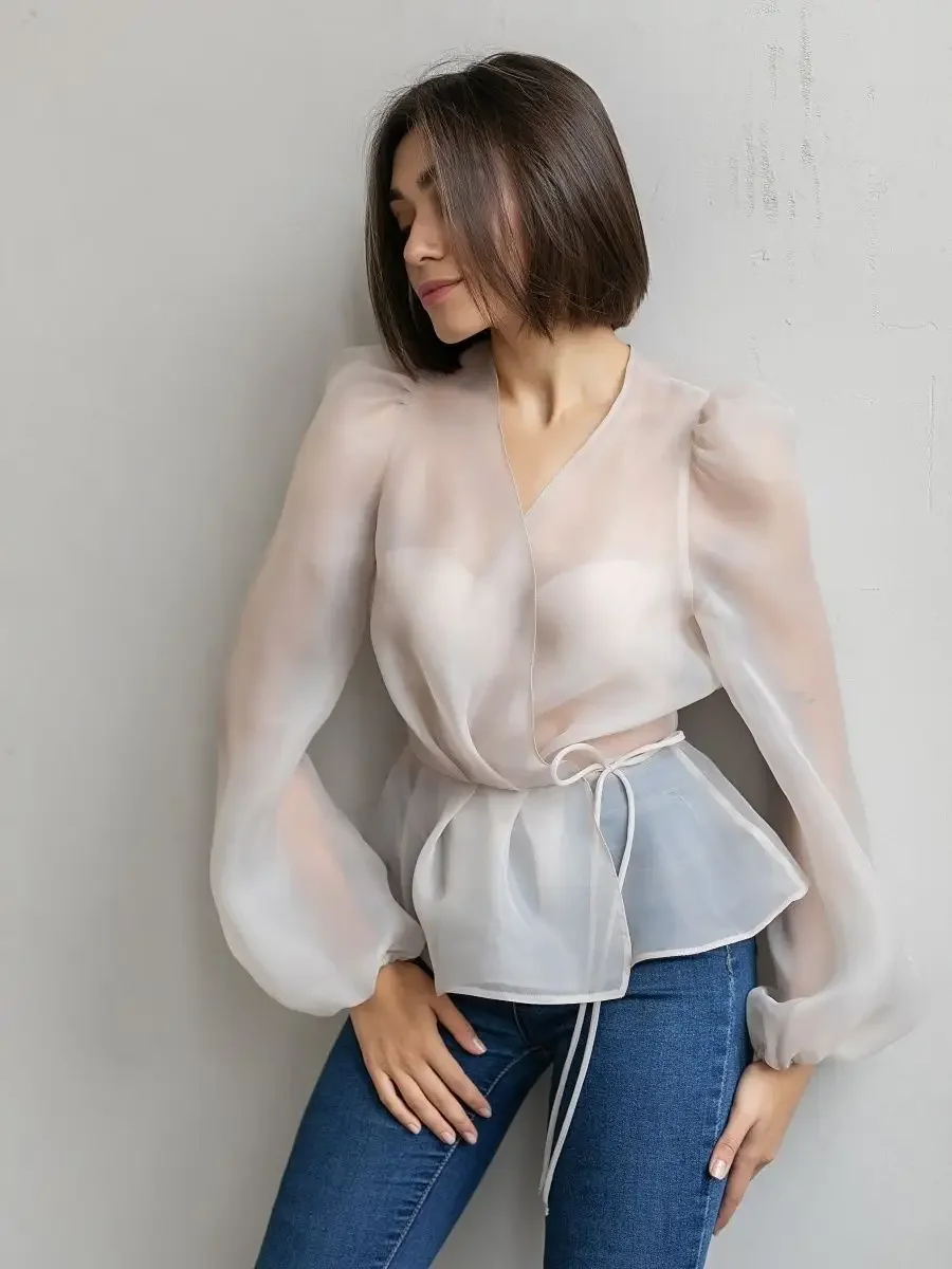 LIMO V Neck Wrap Organza Blouse Puff Bishop Sleeve Self Tie Waist Peplum Hem Sheer Slim Women Elegant See Through Shirt Top