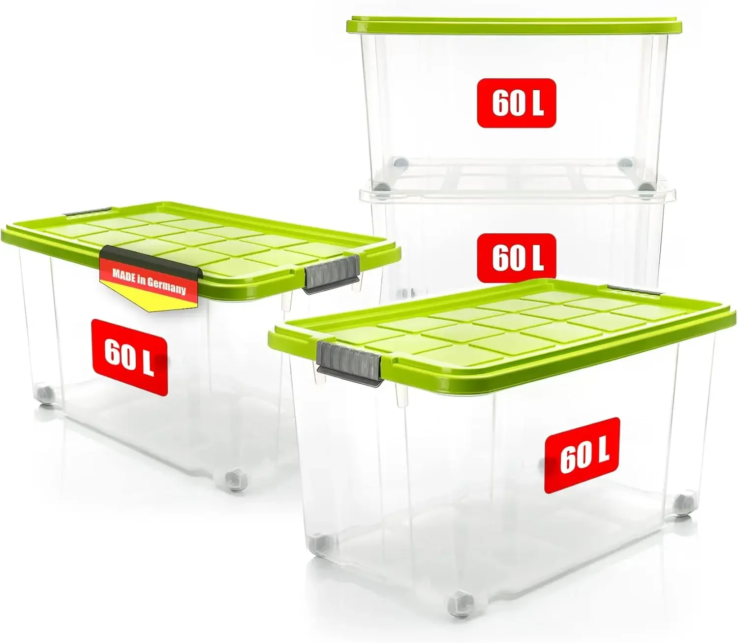 BigDean 4er 60L Aufbewahrungsbox mit Deckel groß limegrüne - stapelbare robuste Box BPA-frei -