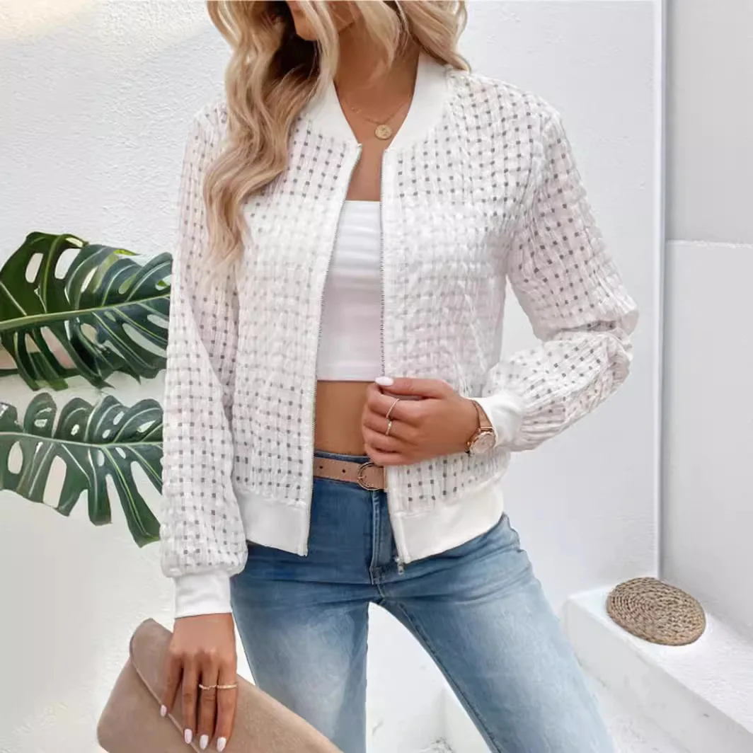 Ladies White Thin Coat 2024 Autumn New Women's Casual Long Sleeve Zipper Decorative Grid Round Neck Cardigan Printed Jacket Coat