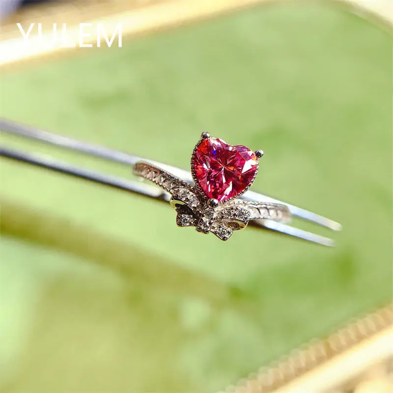 YULEM 1ct Pink Heart Women's Man's Moissanite Diamond Ring Premium Original 925 Silver Sterling Jewelry Gift