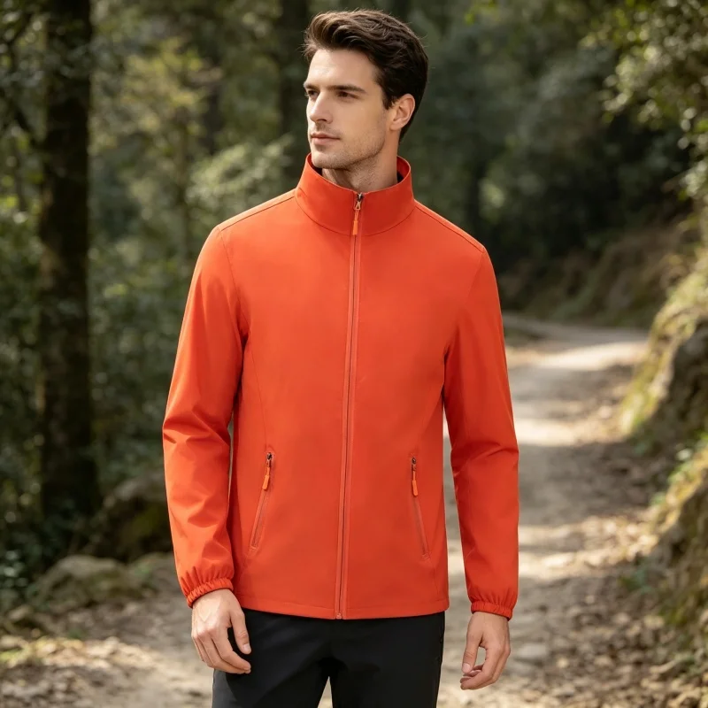 Men Clothing Thin Windbreaker Jacket Long-Sleeved Tops Lightweight Windproof Zipper Pocket Softshell