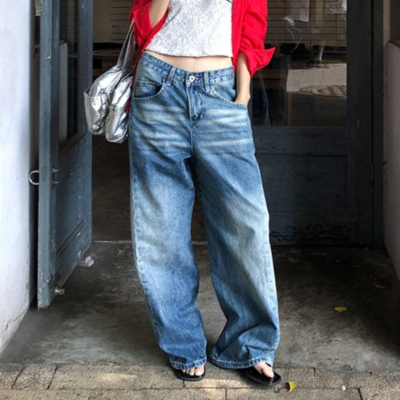 Pant Women Jeans High Street Floor Length Mid Waist Work Y2k Streetwear Vintage Washed Straight Trousers Scratch Summer Splice