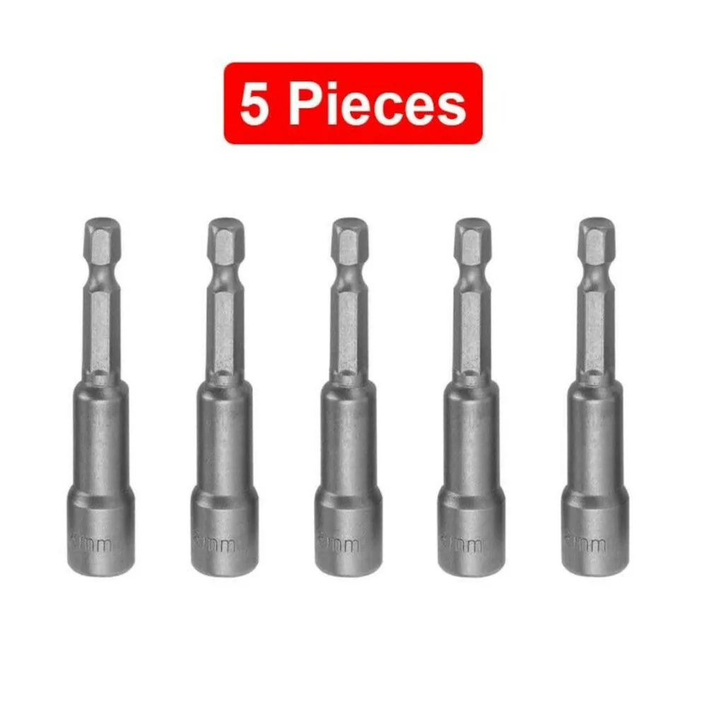 5Pcs 8mm Silver Magnetic Hex Socket Tech Screw Driver Tek Bit Drill Nut Setter Roofing Cladding Set Bits Sets Hand Tool Parts