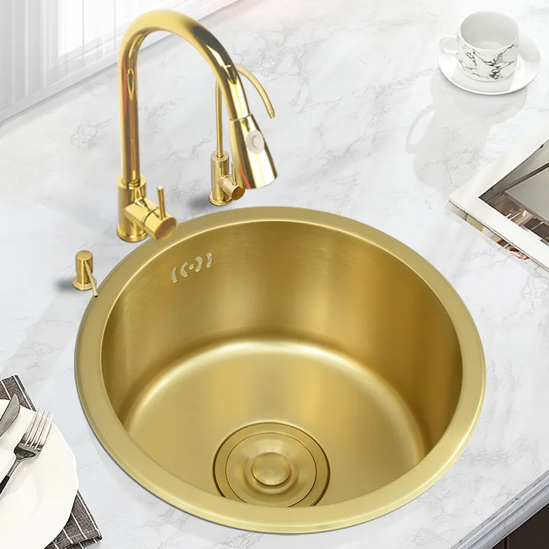 

Kitchen Sink Nano 304 Stainless Steel Brushed Surface Kitchen Sink Bar Counter Gold Small Circular Sink Kitchen Single Slot Set