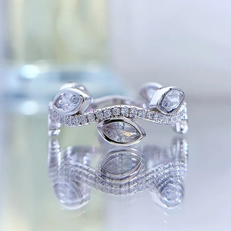 S925 Silver Ring Design Feeling Leaves Full of Zirconia, Fashionable and Versatile Style, Small Row Ring Bracelet