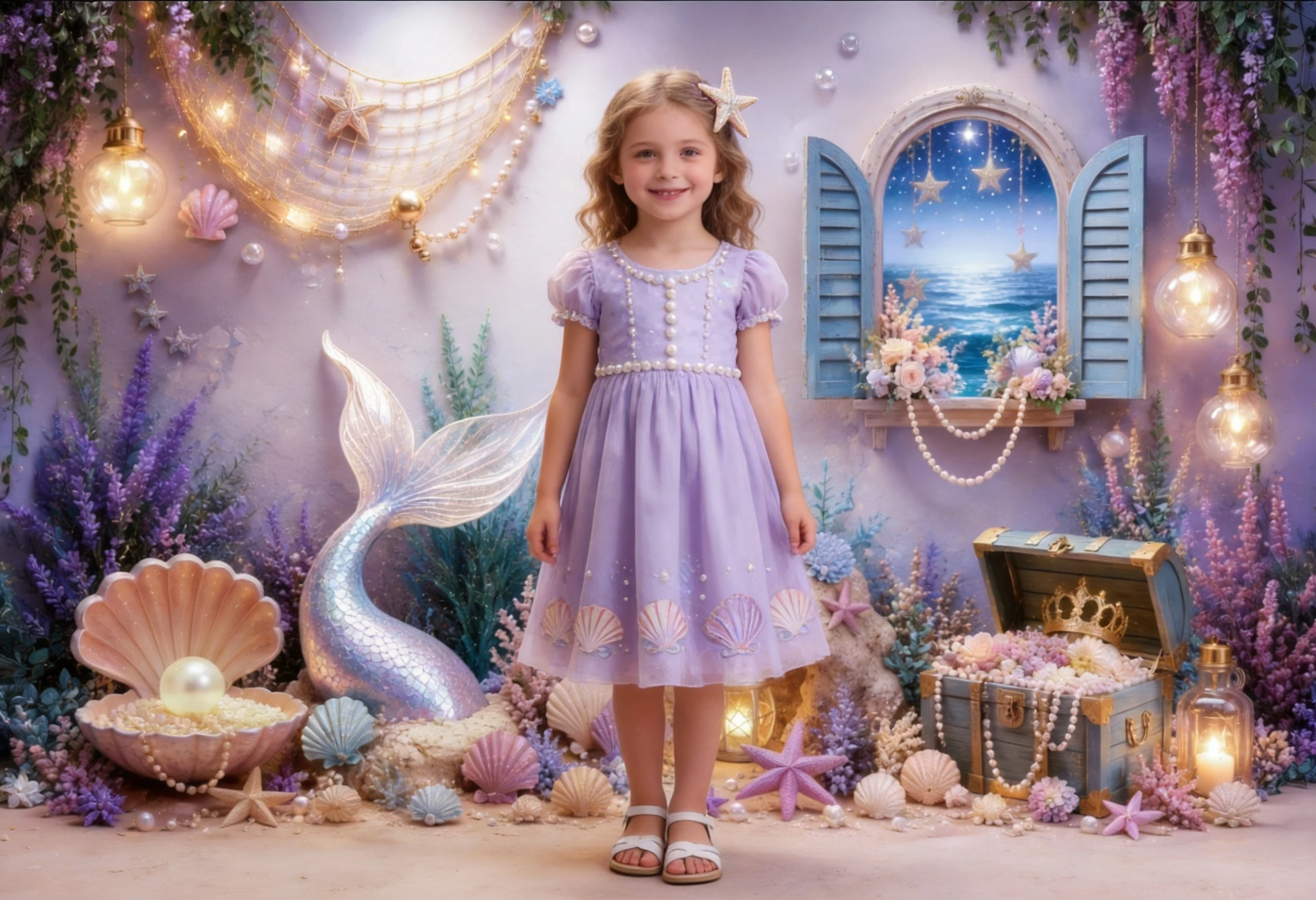 Purple Mermaid Tail Undersea Treasure Shell Pearl Pink Floral Fairy Tale Children Birthday Portrait Photography Backdrop
