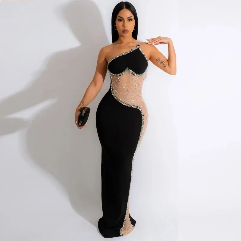 

Women One Shoulder Sleeveless Mesh Patchwork Diamonds Maxi Long Dress 2023 INS Club Evening Sexy Party Dresses Vestidos