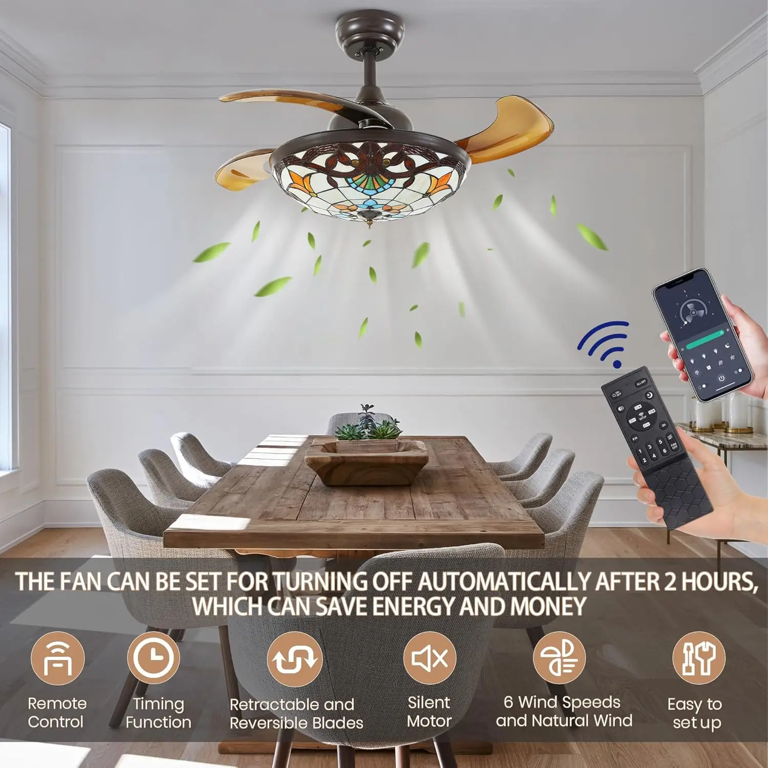 Style Ceiling Fan with Lights, Remote Control Led Dimmable Fandelier Fixture with 4 Retractable Reverse Blades, Vintage Stained