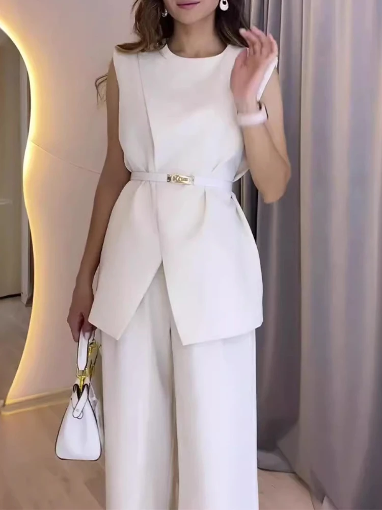 Round Neck Belt Sleeveless White High Waist Tops Solid Color Wide Leg Long Pants Slim Fit Elegant Two Piece Sets Women Pants Set