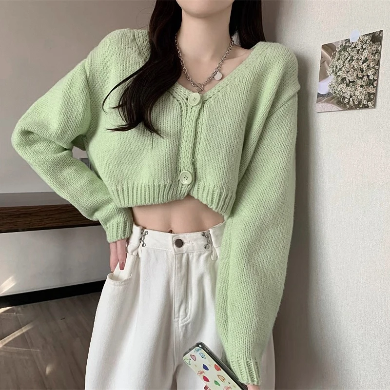 Box-fit Crop Cardigan Sweater Button Front Long Sleeve V-Neck Pastel Plain Knit Jacket Women Teen-girl Fall Winter Y2K Outfit