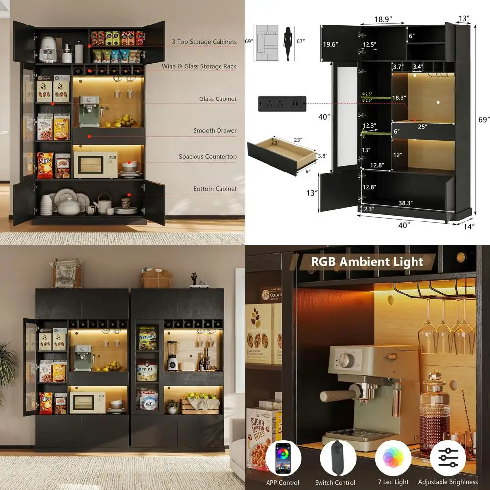 

Высокий кухонный шкаф-буфет 69 дюймов с LED-подсветкой и розеткой, кухонный шкаф-витрина с местом для микроволновки, винной полкой, стеклянной дверцей и A