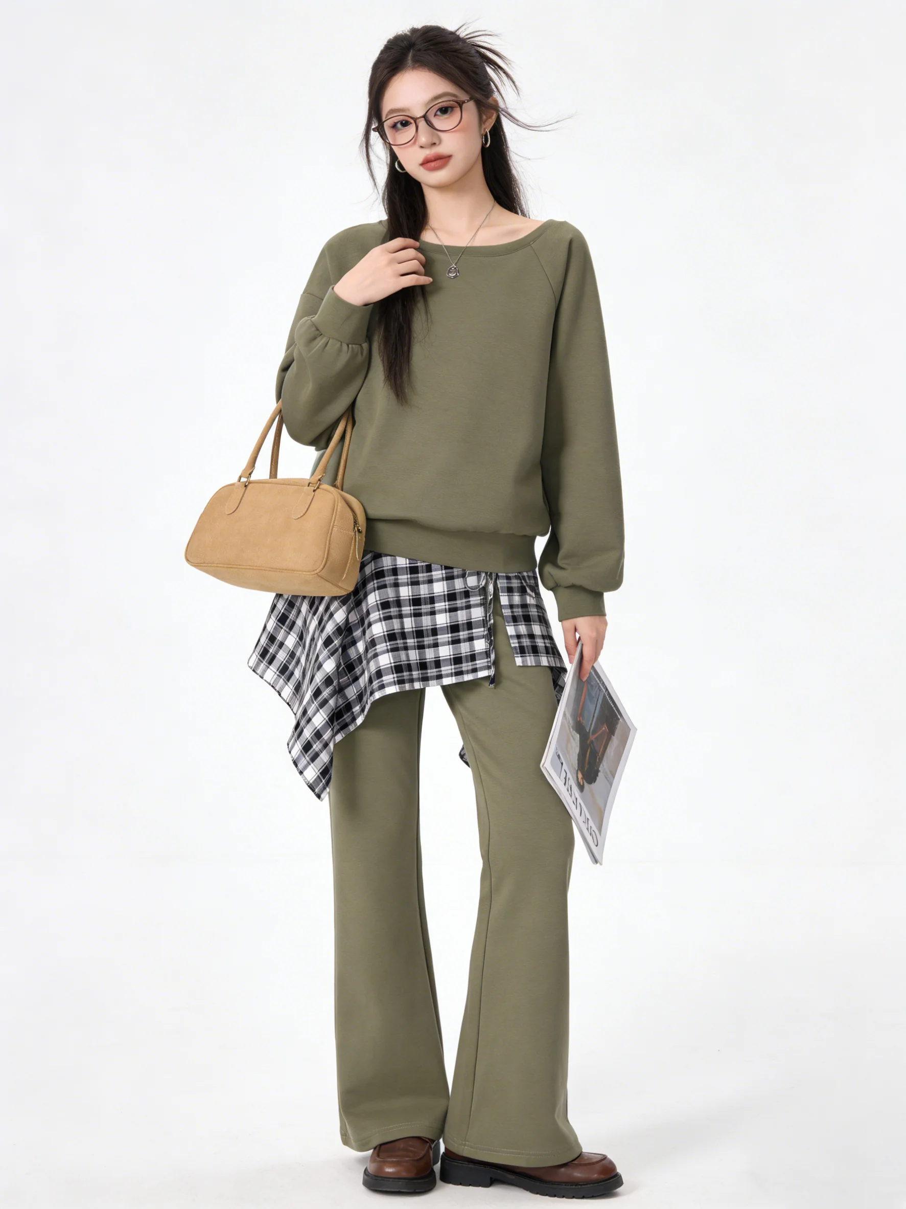 

Korean Casual Style off Shoulder Sweatshirt Two Piece Set Women's High Waist Slimming Flared Pants Plaid Skirt Layering Set