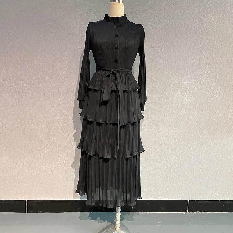 Pleats Original Pleated 2024 Summer New Niche Design Pleated Wooden Ear Ruffled Loose Thin Dress Long Section Women Clothing