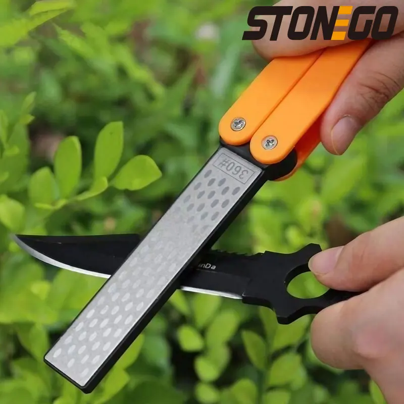 STONEGO Portable Folding Pocket Knife Sharpener, Portable Double Sided Diamond Sharpening Stone Outdoor Sharpening Whetstone