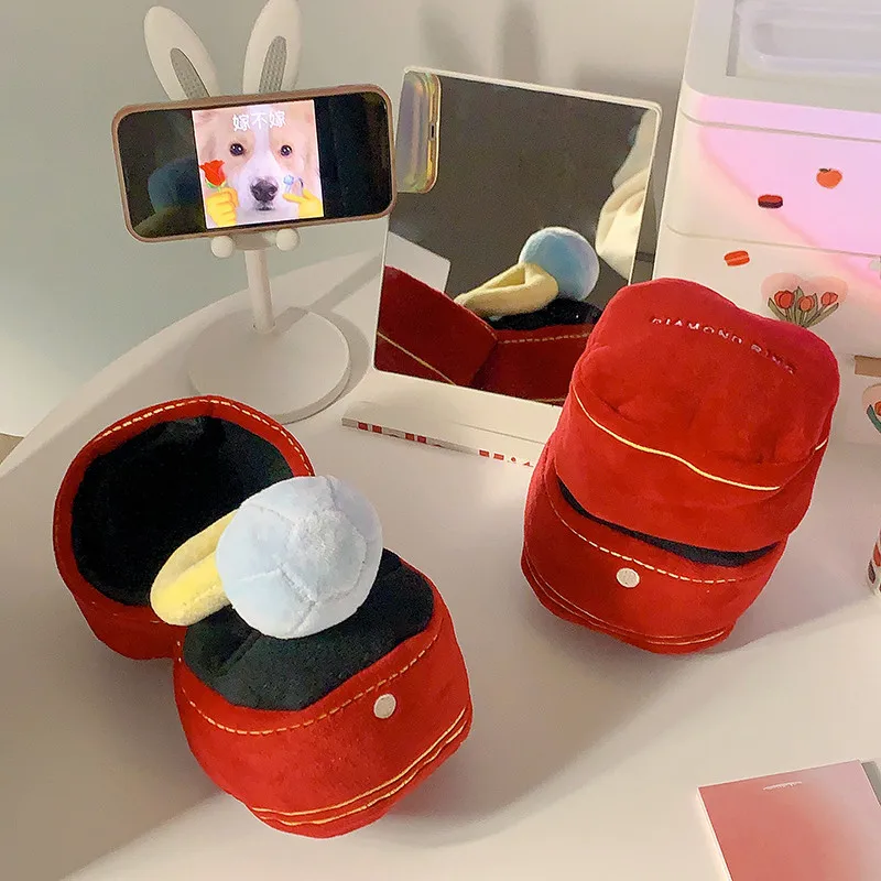 흥미롭고 과장된 반지 선물, 빨간색, 분홍색, 다이아몬드 반지와 상자, 봉제 인형, 창의적인 충전재, 애완동물 씹는 장난감, 강아지 약혼 반지