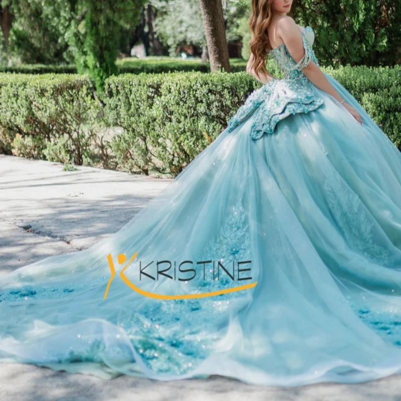 Mint Green Shiny Quinceanera Dresses Off The Shoulder Applique Flower Beading Crystal Bow Tull Party Birthday Sweet 16 Dress