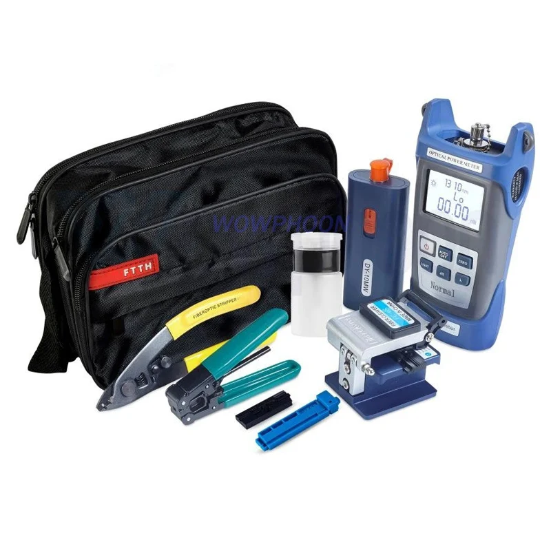 

Customized Fiber FTTH Tool Kit, 10KM, VFL, OPM, Fiber Cleaver, Stripper, Alcohol Bottle, Knife Adjustment, SC Adaptor