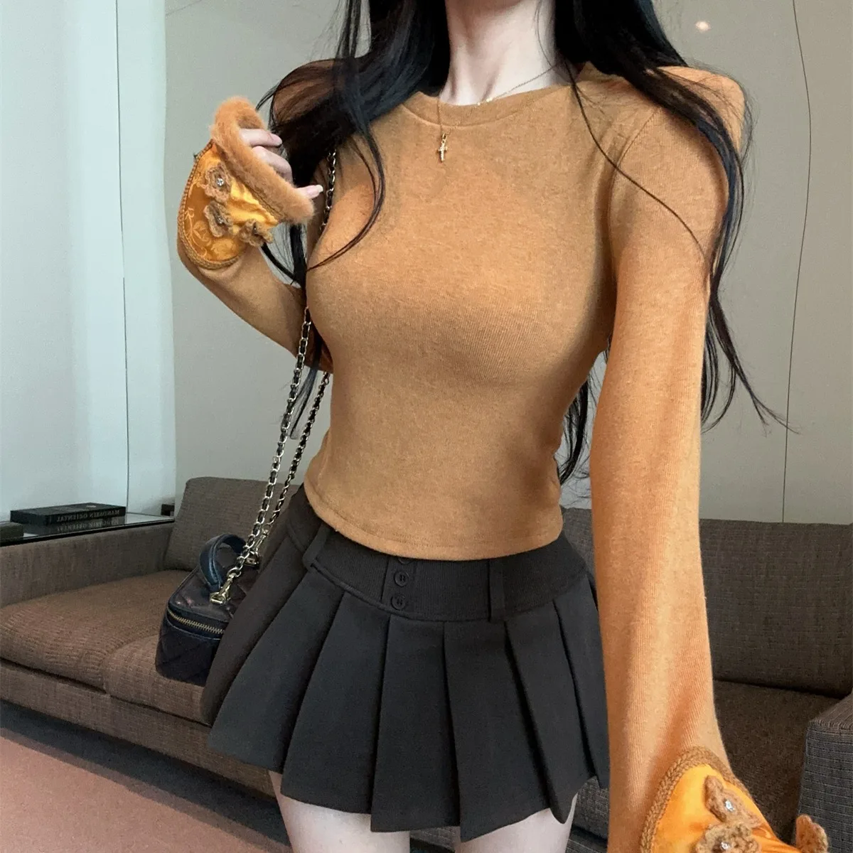 

Сладкий и пряный кружевной бархатный комплект с юбкой и блузкой, женский модный осенне-зимний новый костюм из двух предметов Long Sve