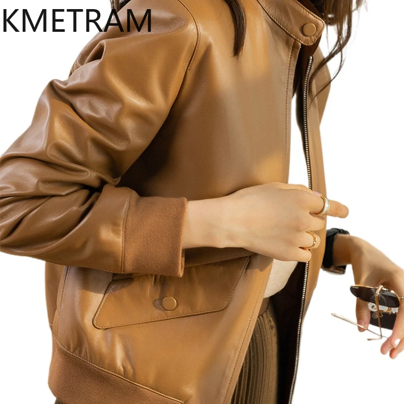 KMETRAM 100% Real Sheepskin Leather Baseball Jacket Fashion New in Outerwears Fall Clothes 2024 Women куртка кожаная женская