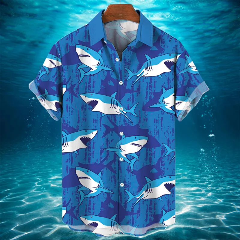 3D Animal Shark Print Hawaiian Shirt Men's Summer Casual Shirt Fashion Short Sleeved Sea World Loose Street Blouse Clothes