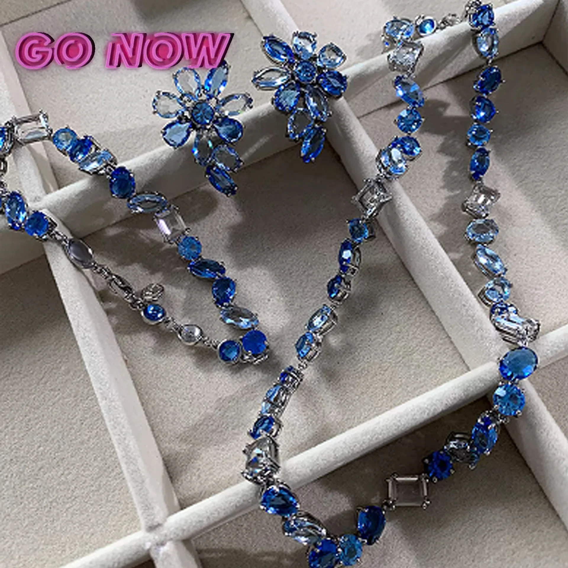 2025 Original Luxury Brand Fine Jewelry Set Zircon Crystal Blue Necklace Earring Bracelet Charm for Women Wedding Accessories