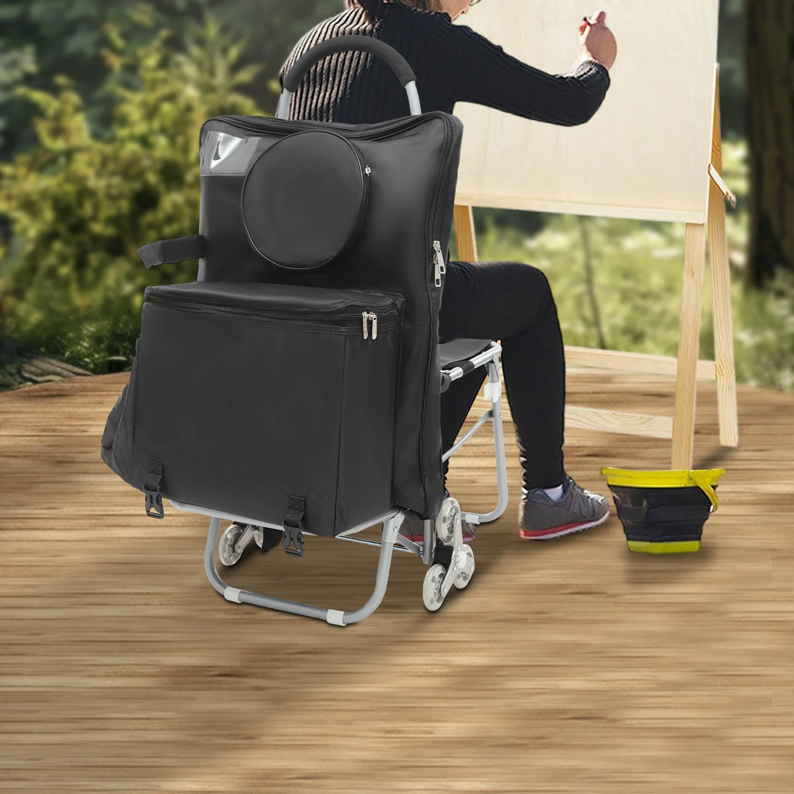 Chariot d'artiste roulant, chariot pliable à roulettes avec sac de rangement, chariot utilitaire pour artiste, pour les courses, les voyages, la peinture en extérieur, cadre en acier, tissu Oxford noir