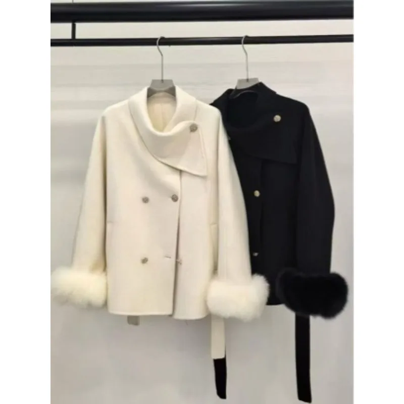

Double-sided Cashmere Coat Women's Autumn and Winter New Temperament Fox Hair Cuffs Thousand Gold Coat Temperament Commuting