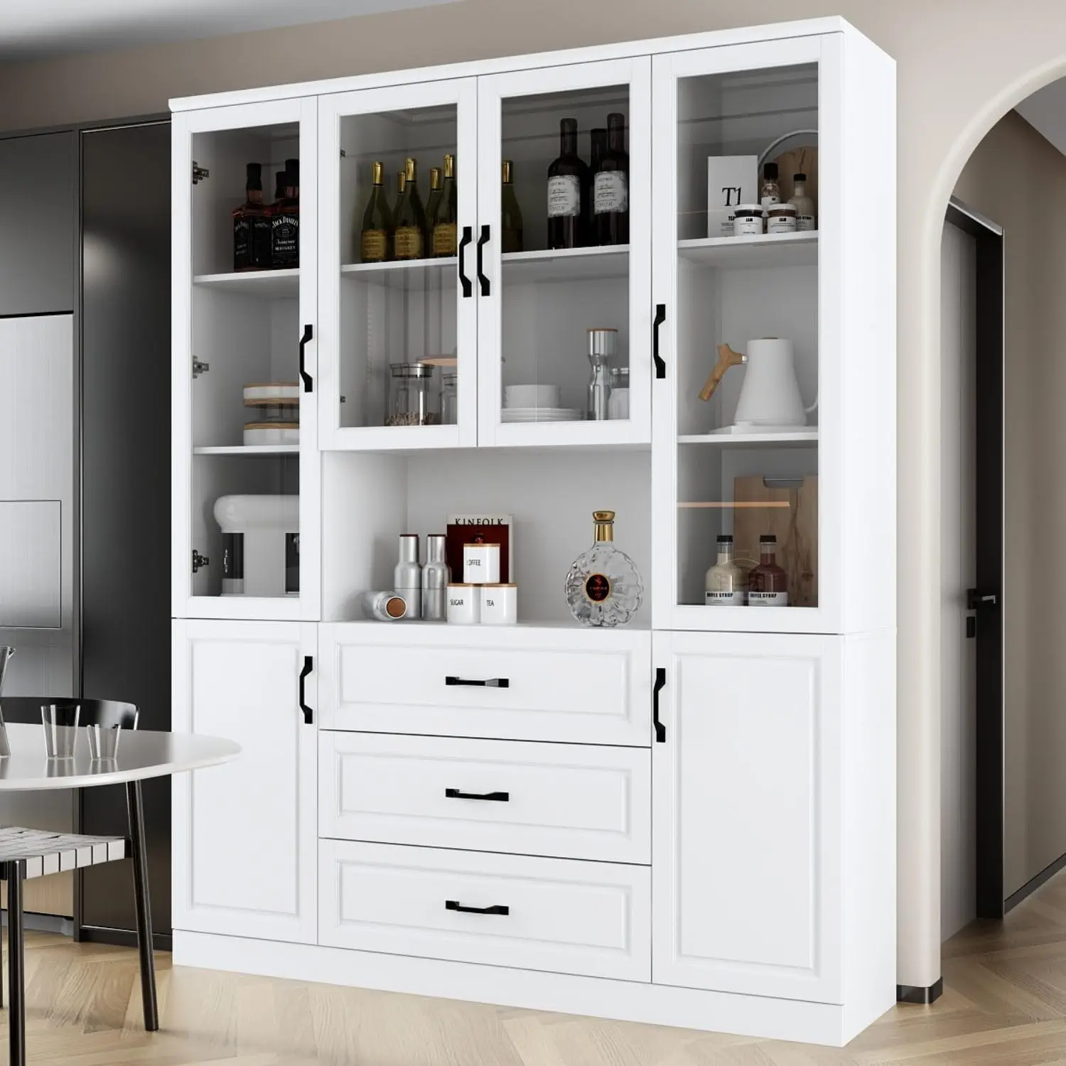 

Kitchen Hutch Storage Cabinet with Glass Doors, Kitchen Pantry Cabinet with Shelves & 3 Drawers