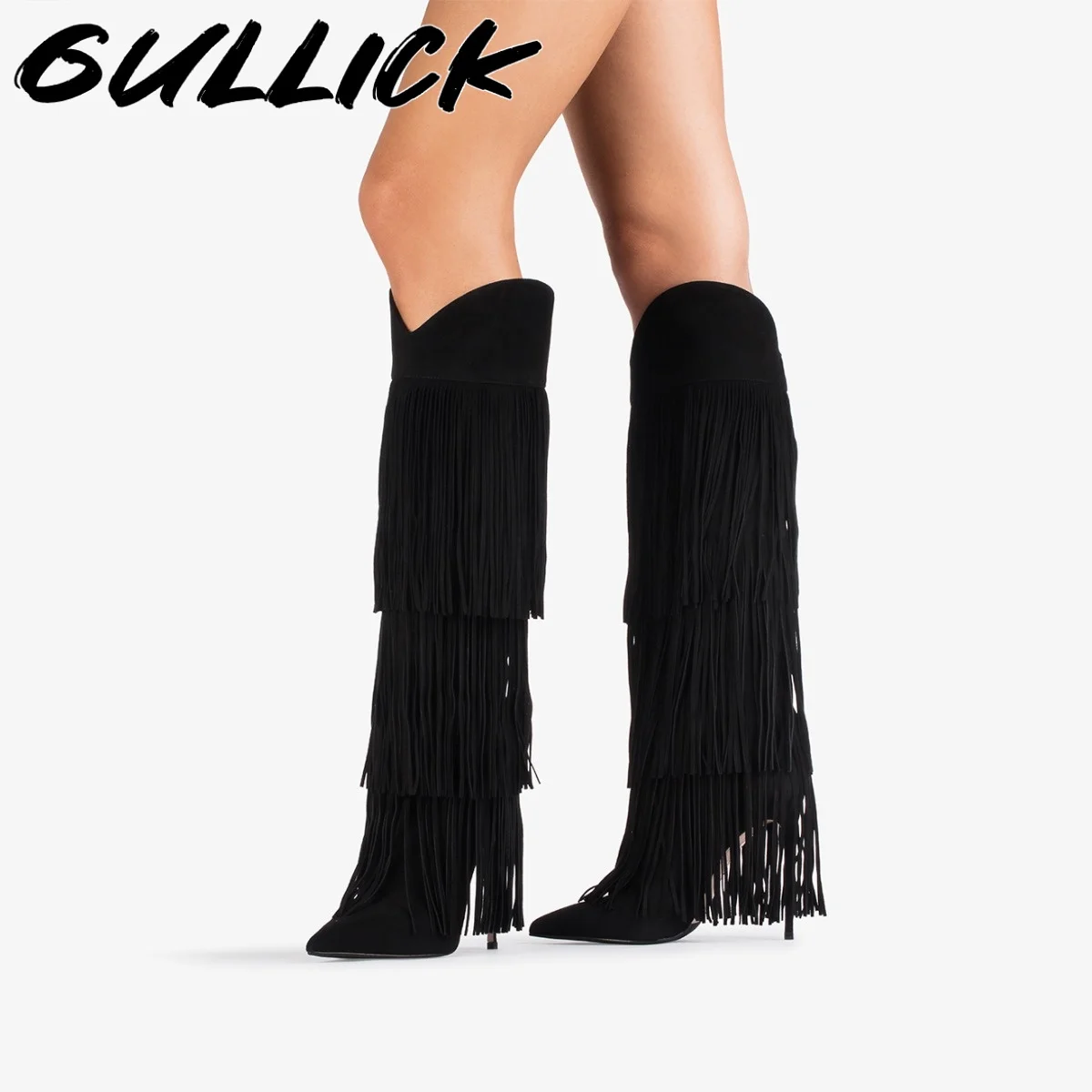 البني شرابة حذاء برقبة للركبة أشار تو بوتاس النساء الفاخرة أحذية مصممين الخريف الشتاء 2025 خنجر أسود Zapatos De Mujer