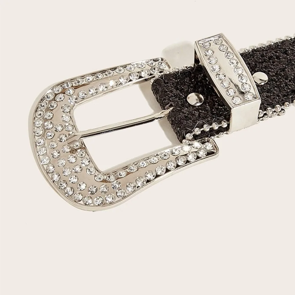 Vintage Beads Bordered Shiny Wide Belt Y2K Solid Color Rhinestone Waistband Punk Style Strap Buckle Women PU Belt Couple