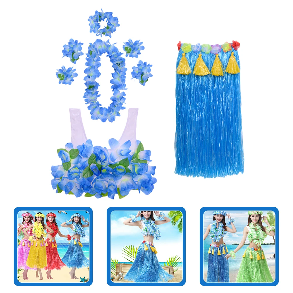 

1 set 1 Set Thickened Grass Skirt Outfit Hawaiian Costume Flower Garland Hula Dress For Adults Beach Wedding Party Luau Decor