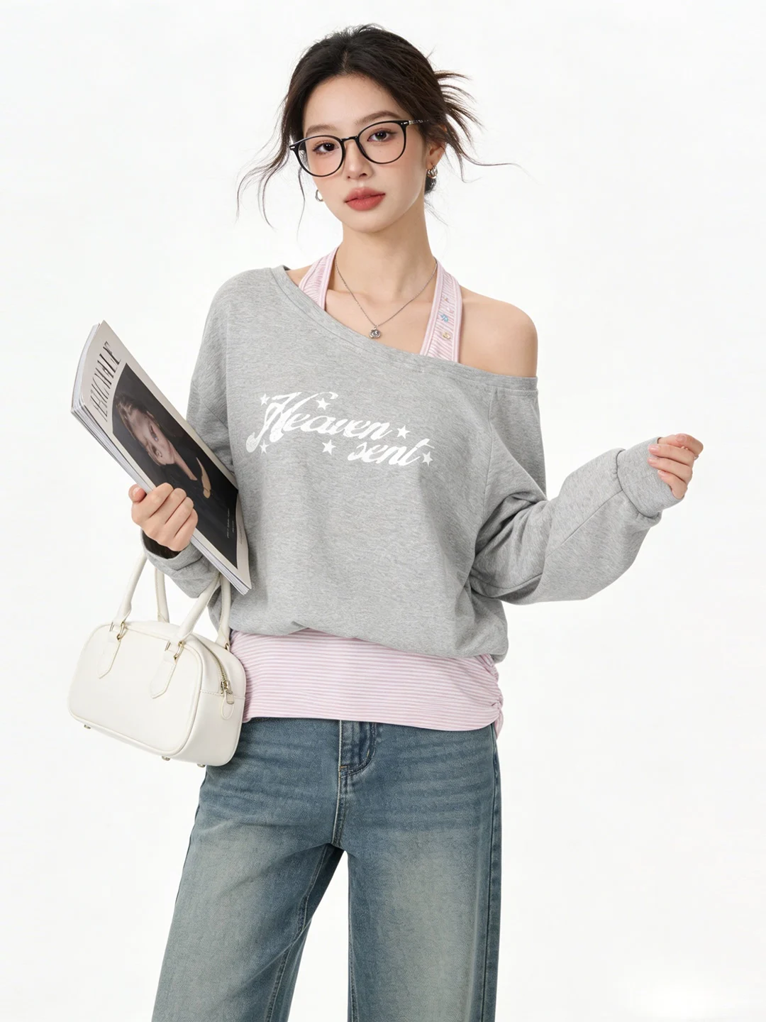 Korean Style Casual Sweet Anti-Aging Slimming Shoulder Off-Track Sweatshirt Early Spring New Striped Color Block Slimming Top