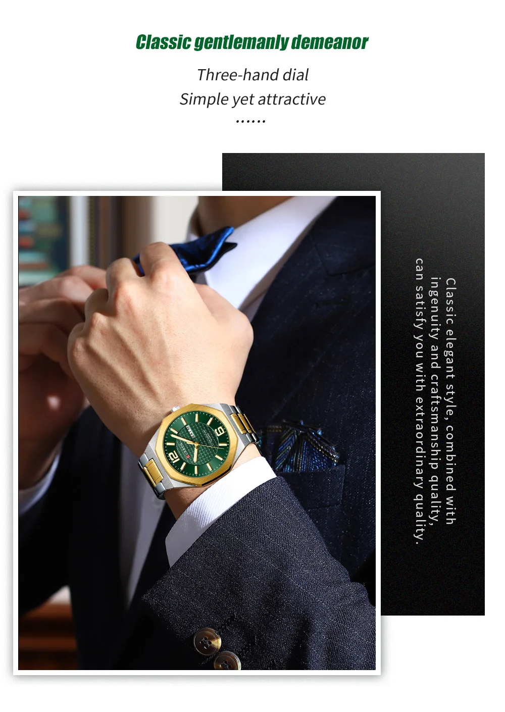 CURREN Herren-Businessuhr Quarz mit Tages- und Datumsanzeige, Edelstahlarmband, schlanke Armbanduhr für Männer, Leuchtzeiger – Detail 3