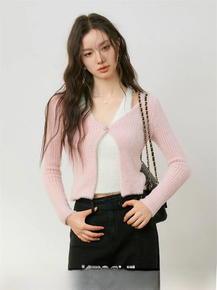 

Вязаный кардиган Kroche из искусственного меха с V-образным вырезом, длинными рукавами, осенне-зимняя новинка, женский свитер