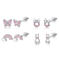 4 pairs of spiral cartilage earrings for women 316L stainless steel pink piercing earrings set, sparkling cubic oxygen zirconium