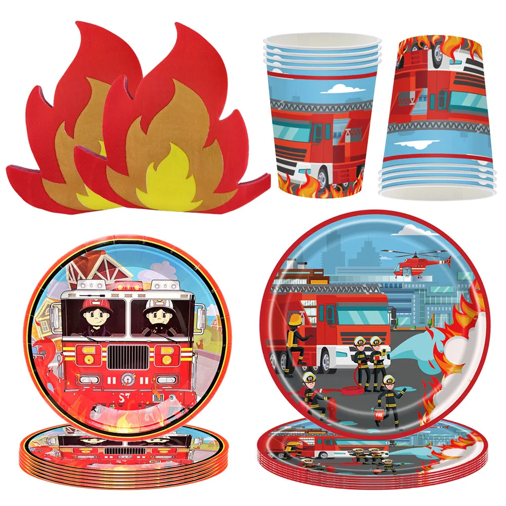 Firetruck Disposable Party Tableware Fire Flame Napkins Plates Cups Firefighter Party Supplies Kids Birthday Party Favors Decors