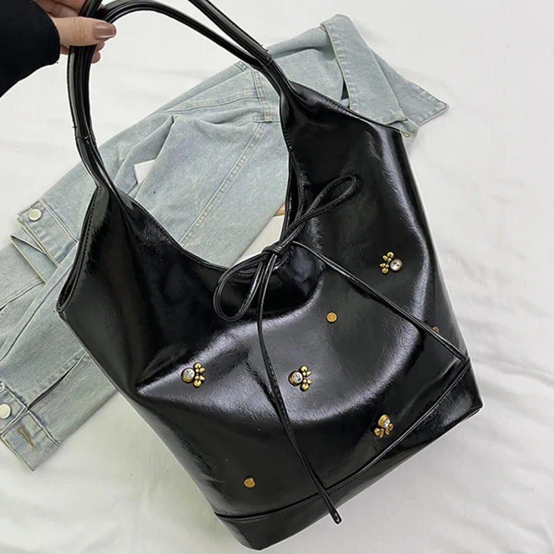 Oil Wax Skin PU Leather Underarm Bags For Women 2024 Winter Y2K New Trend Retro Female Fashion Shoulder Tote Bag Handbags