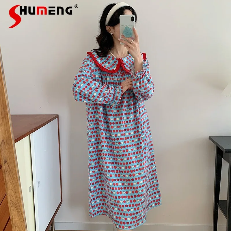 

Ретро-ночная рубашка из чистого хлопка для женщин, осенне-зимняя, с воротником «Питер Пэн», длинным рукавом, для сна и дома