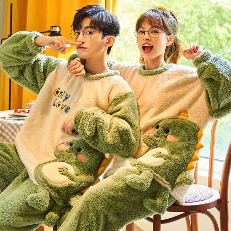 Winter Thicken Couples Pajamas Suit Women Men Cartoon dinosaur Pijamas Sets Sleepwear Soft Warm Korean  Pyjama  Femme Lovers Set