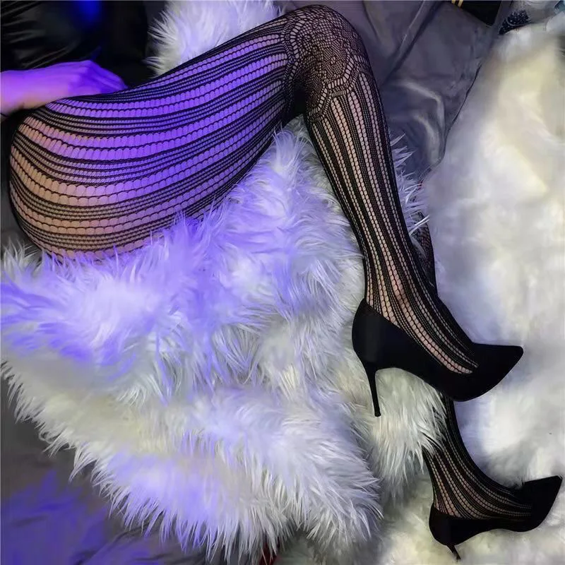 Mode Uitgehold Dames Sexy Netkousen Zwart Kant Jacquard Hete Slanke Lolita Hottie Panty Dunne Nylon Panty