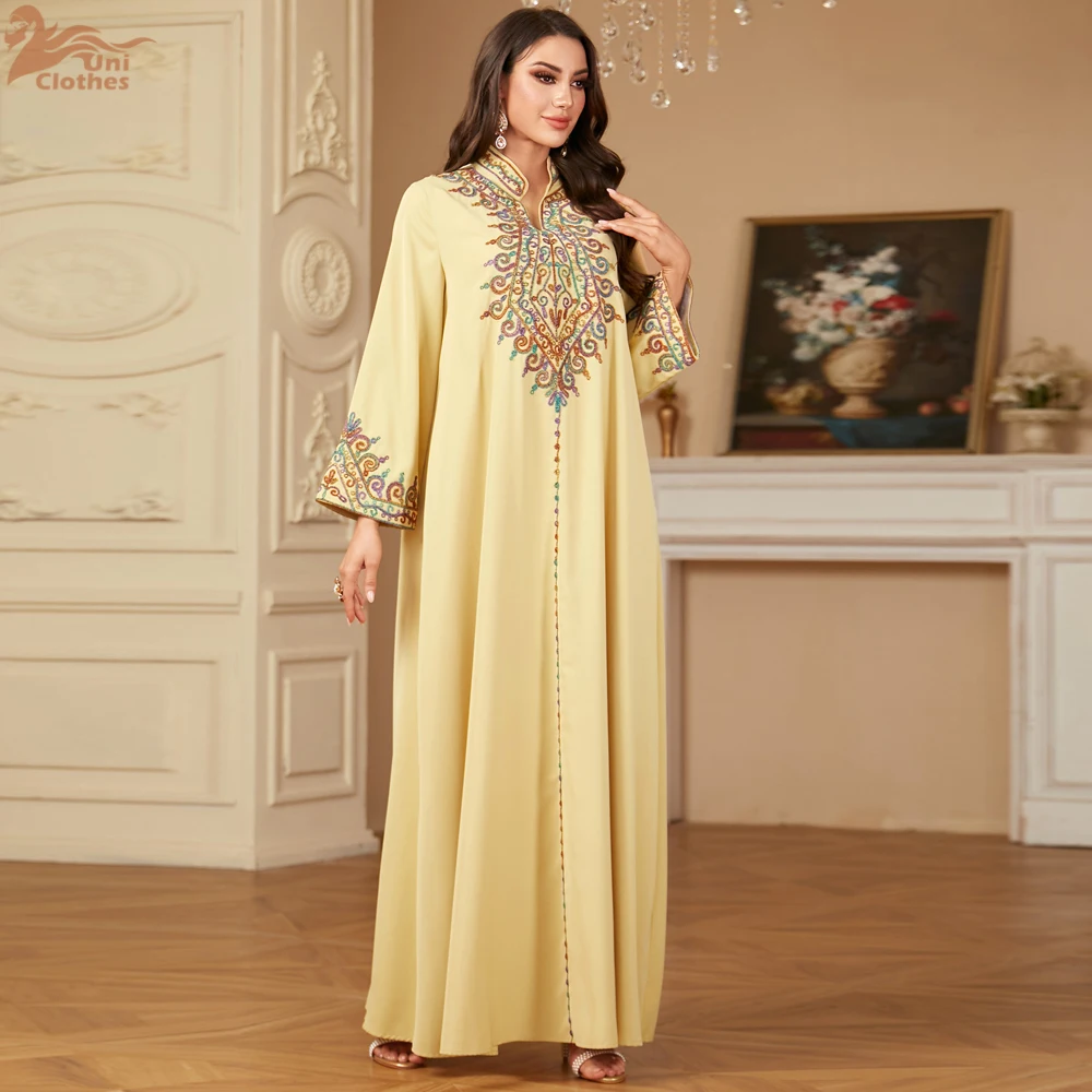 Uni Embroidery V-Neck Long Dress Dubai Arab Abaya For Muslim Woman Loose Moroccan Saudi Ethnic Jalabiya Fashion Robe 2024