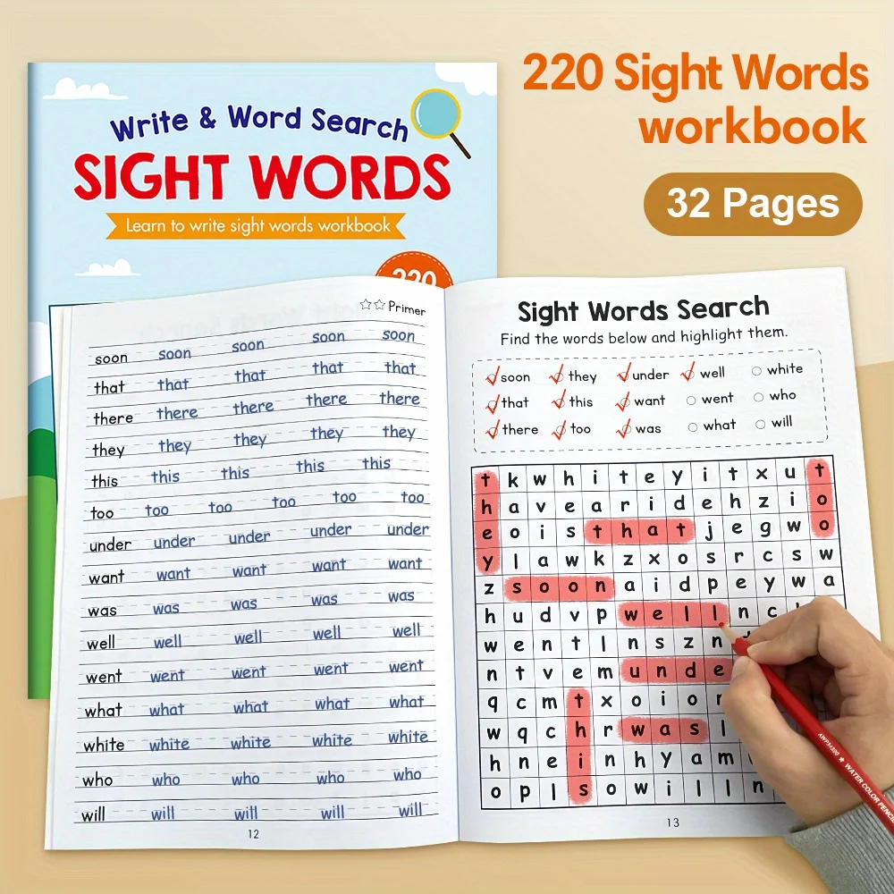Learning Workbook 220 Sight Words with Answer Key Educational Handwriting Sight Words Search Games for Age 3+ School Supplies