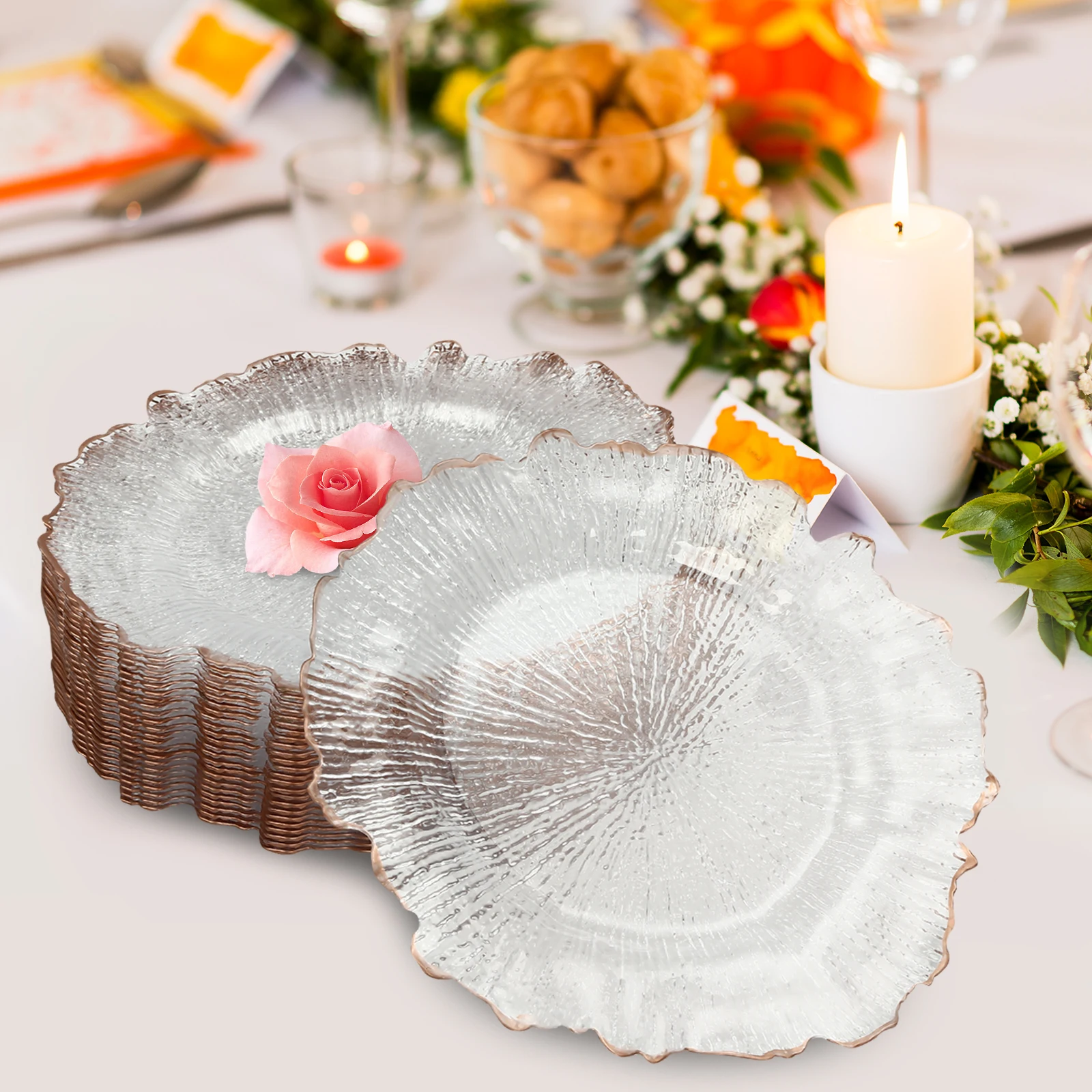 

25 Pcs Rose Gold Charger Plates, 32cm Plastic Dinner Plates for Wedding Party, Anniversary, Bridal Shower - Decorative Tableware